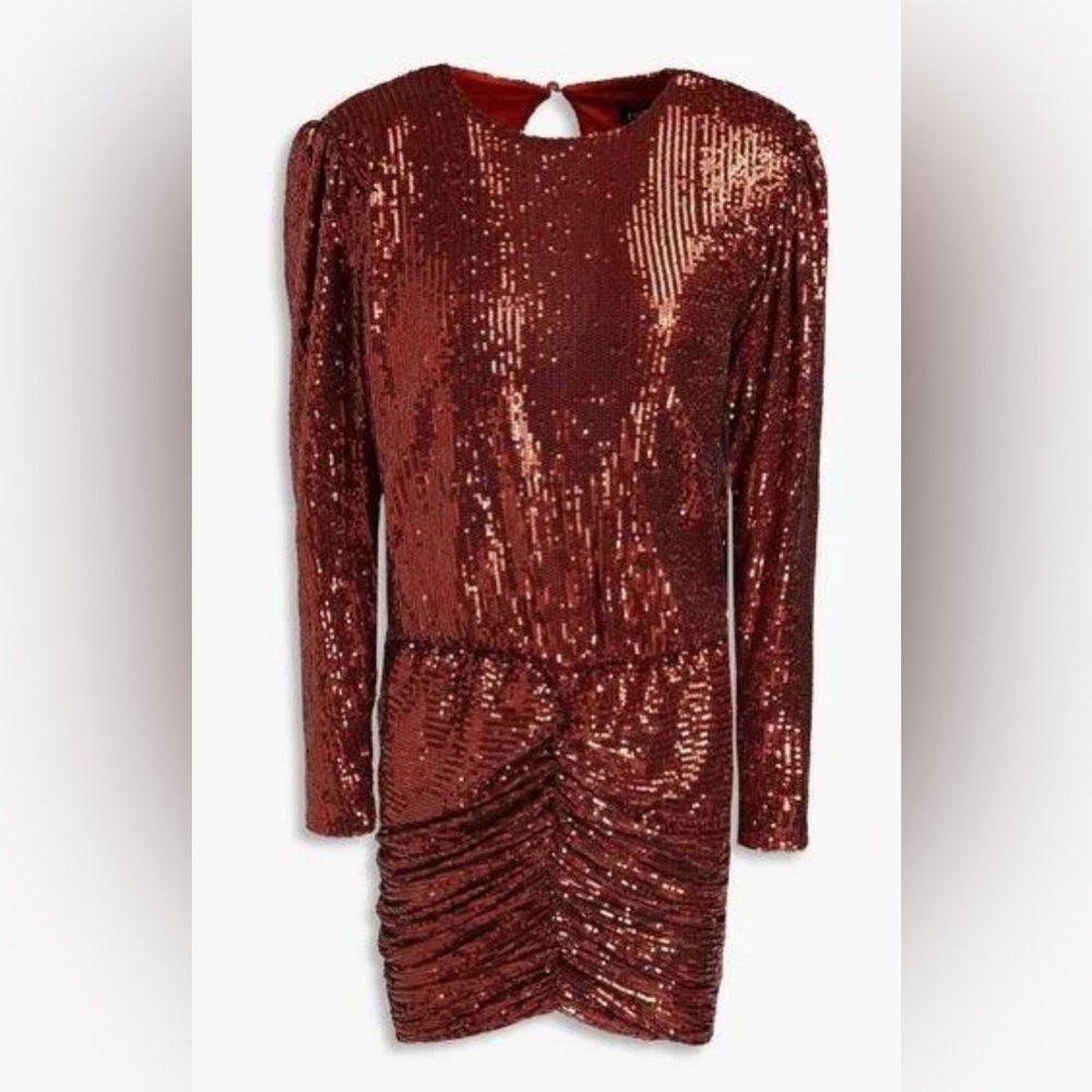 Retrofete NWT Flynn Ruched Sequin Tulle Mini Dress in Copper Size Large